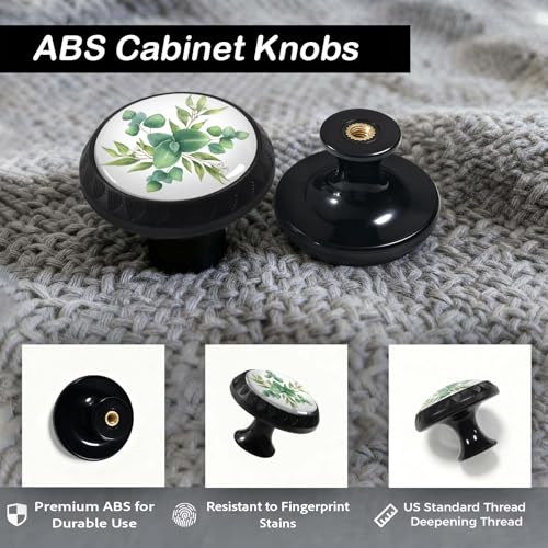 Artinhand 4 Pack Watercolor Green Eucalyptus Leaves and Branches Cabinet Knobs Round Drawer Pulls Black Dresser Knob Cupboard Door Handles Hardware for Kitchen Bathroom Cabinets - Image 4