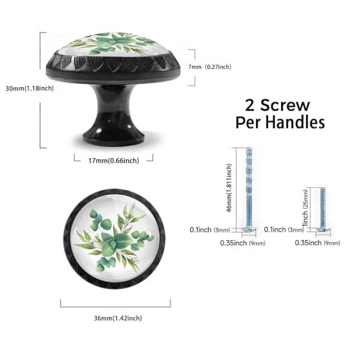 Artinhand 4 Pack Watercolor Green Eucalyptus Leaves and Branches Cabinet Knobs Round Drawer Pulls Black Dresser Knob Cupboard Door Handles Hardware for Kitchen Bathroom Cabinets - Image 3