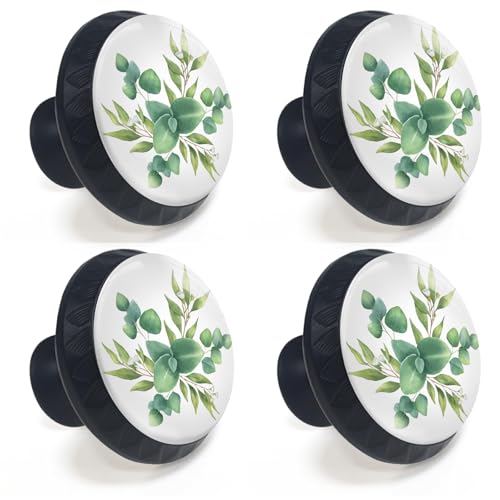 Artinhand 4 Pack Watercolor Green Eucalyptus Leaves and Branches Cabinet Knobs Round Drawer Pulls Black Dresser Knob Cupboard Door Handles Hardware for Kitchen Bathroom Cabinets - Image 2