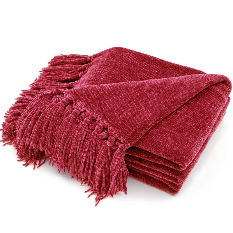RECYCO Throw Blanket Soft Cozy Chenille Throw Blanket with Fringe Tassel for Couch Sofa Chair Bed Living Room Christmas Red 50 x 60