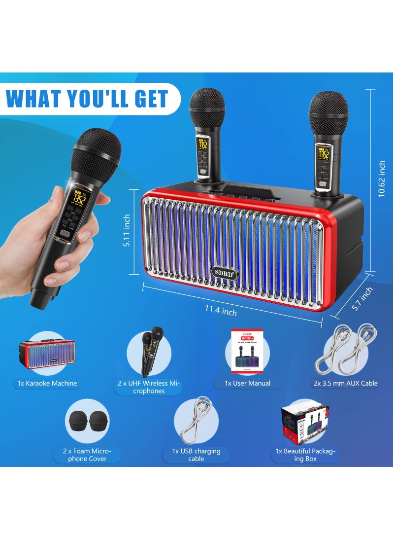 Karaoke Machine for Adults and Kids,Portable Bluetooth Speaker with 2 UHF Wireless Microphones Karaoke Speaker pa System with Colorful Gradient LED Lights for Home Parties,Wedding