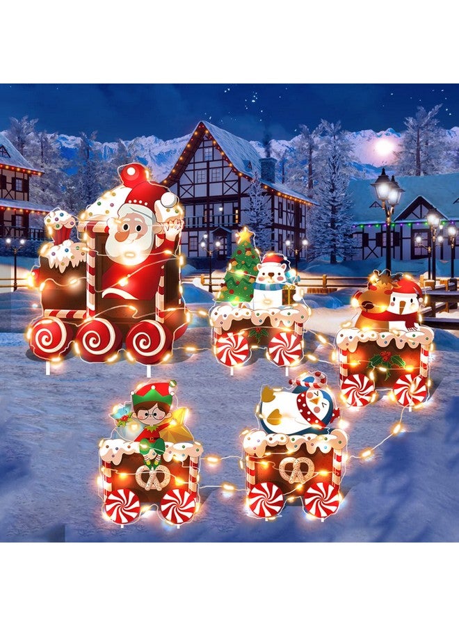 OuMuaMua Christmas Train Decorations Yard Signs with LED Lights - Christmas Tree Santa Elf Snowman Train Set Lawn Signs with Stakes for Holiday Xmas Lawn Garden Yard Decorations Outdoor, 5 Pack  - Image 1