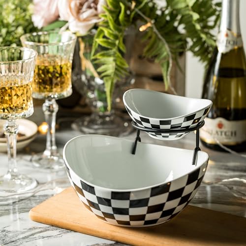 Miamolo Tiered Serving Bowls Chip and Dip Serving Set with Stand, Ceramic Appetizer Serving Dishes Platters and Trays for Parties Entertaining - Checkered Kitchen Decor - Image 4