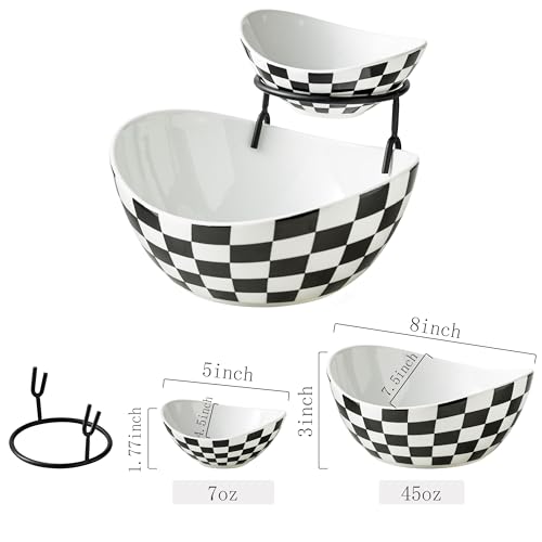 Miamolo Tiered Serving Bowls Chip and Dip Serving Set with Stand, Ceramic Appetizer Serving Dishes Platters and Trays for Parties Entertaining - Checkered Kitchen Decor - Image 2