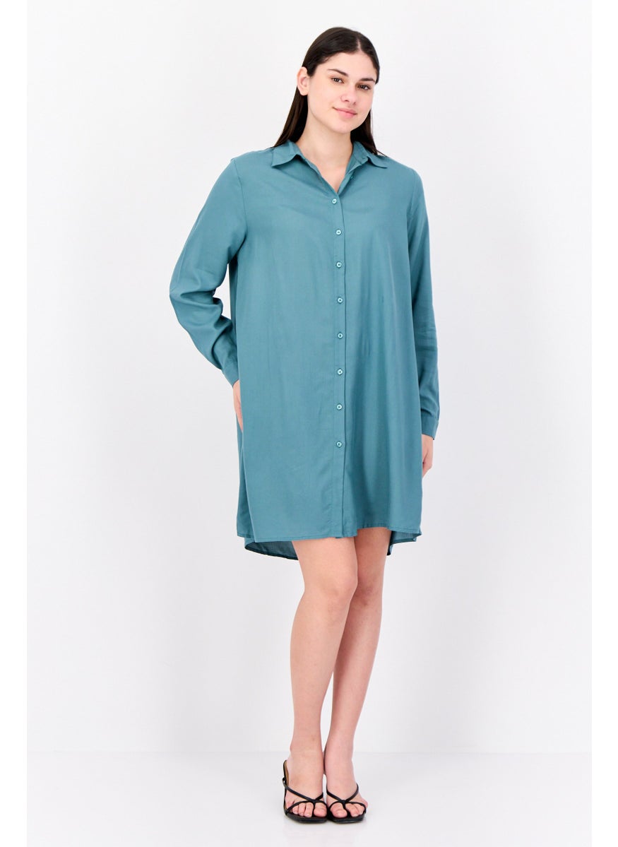 Kathy Ireland - Women Solid Mini Dress Shirt, Green - Image 1