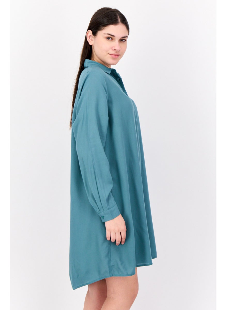 Kathy Ireland - Women Solid Mini Dress Shirt, Green - Image 1