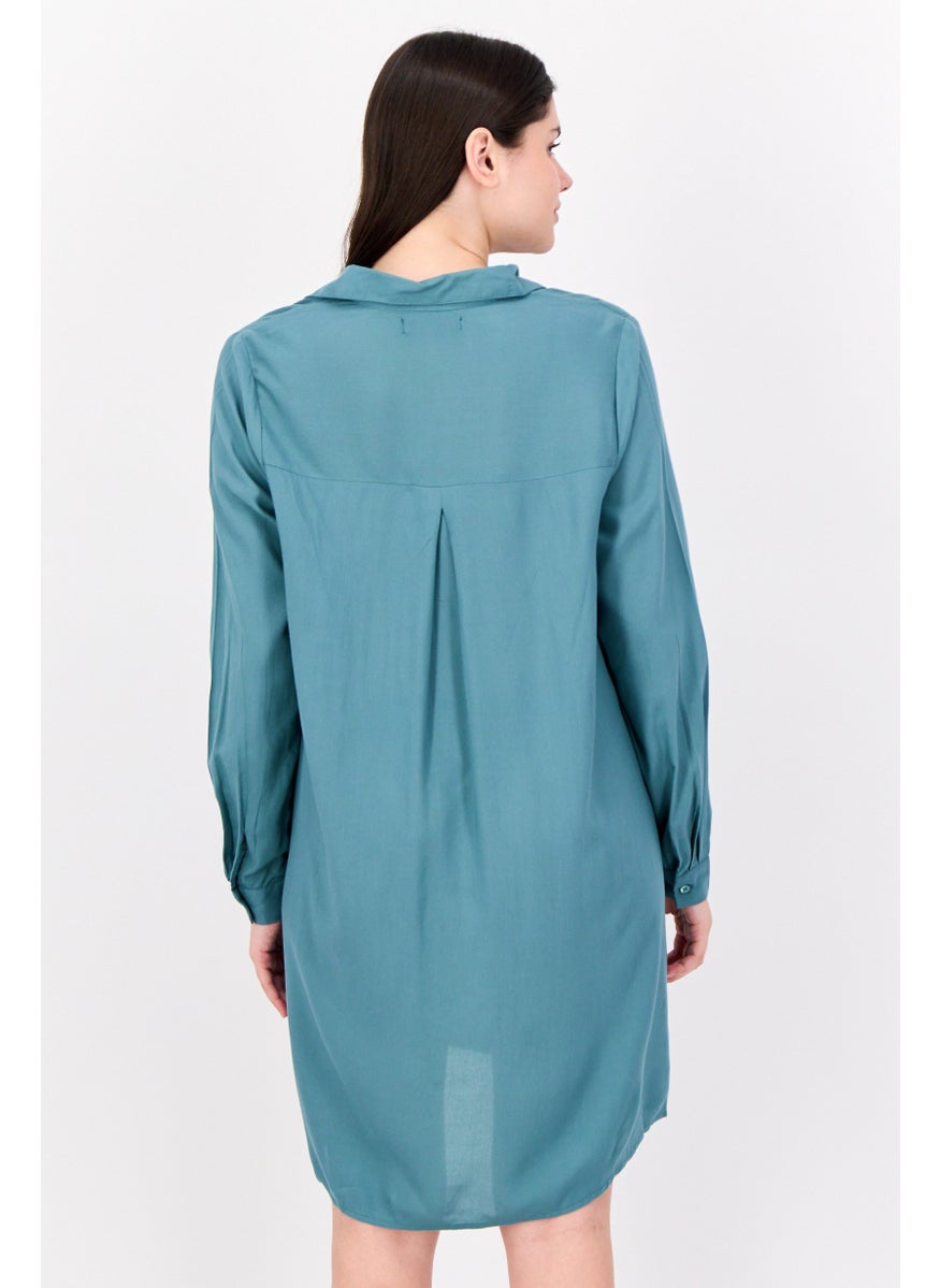 Kathy Ireland - Women Solid Mini Dress Shirt, Green - Image 1