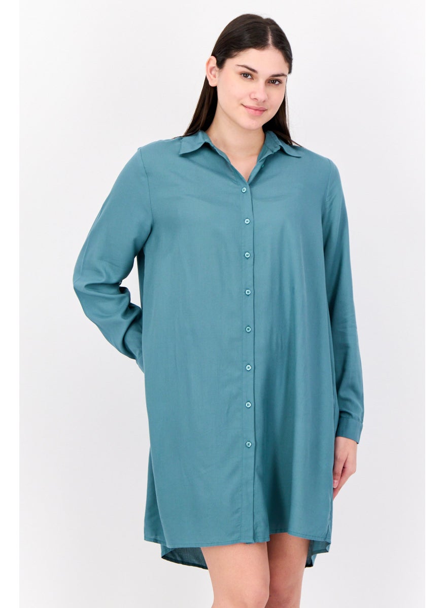 Kathy Ireland - Women Solid Mini Dress Shirt, Green - Image 1