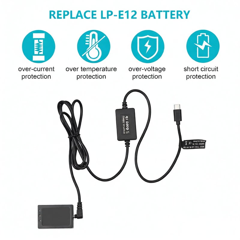 PD USB Type-C Cable to DR-E12 Dummy Battery DC Coupler LP-E12 Replacement for Canon EOS M2 M10 M50 M100 M200 Cameras - Image 4