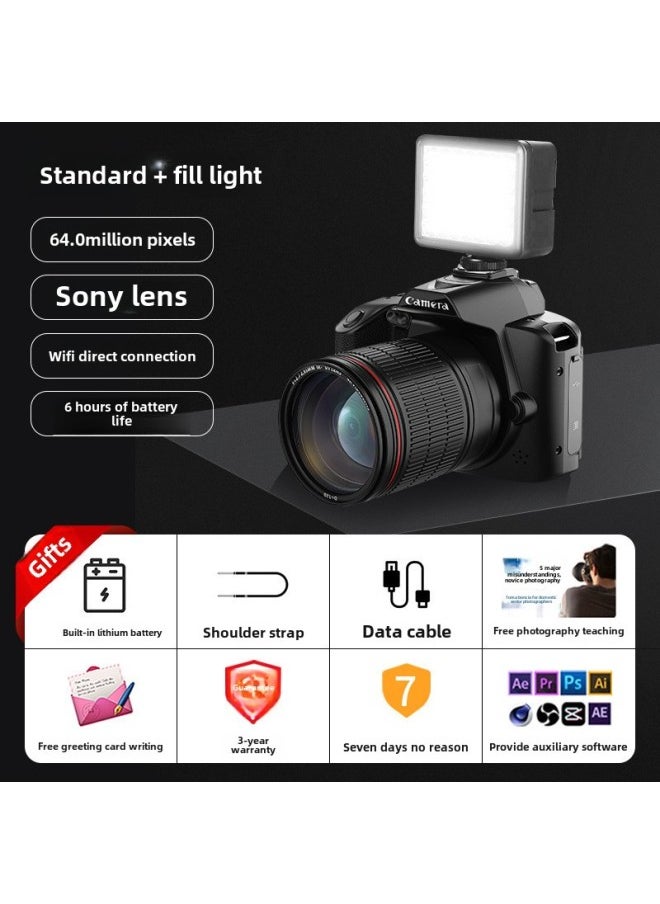 Generic 6400w HD Pixel Student Entry Level Micro Single Self-timer Vlog Small SLR Travel Digital Camera-Body Color:D5 Black Night Vision Version Comes Standard With + Fill Light - Package 2✦✦  - Image 1
