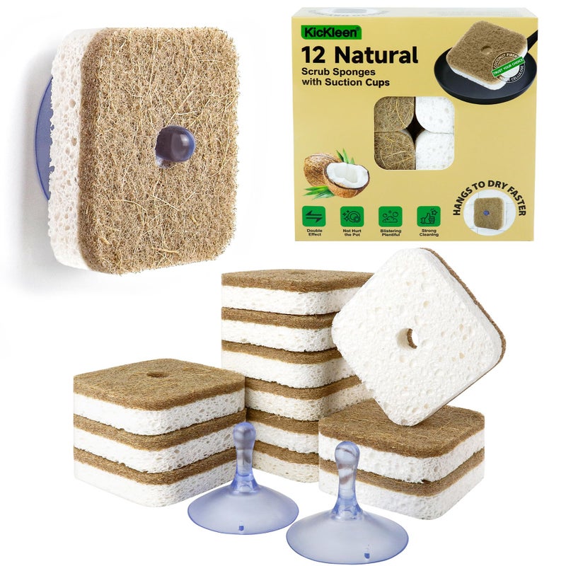 kickleen 12Pack Kickleen Natural Kitchen Scrub Dish Sponge with Suction Hanger Biodegradable Compostable Cellulose and Coconut Non-Scratch Sponge for Kitchen, Bathroom, Household (White-12) - Image 1