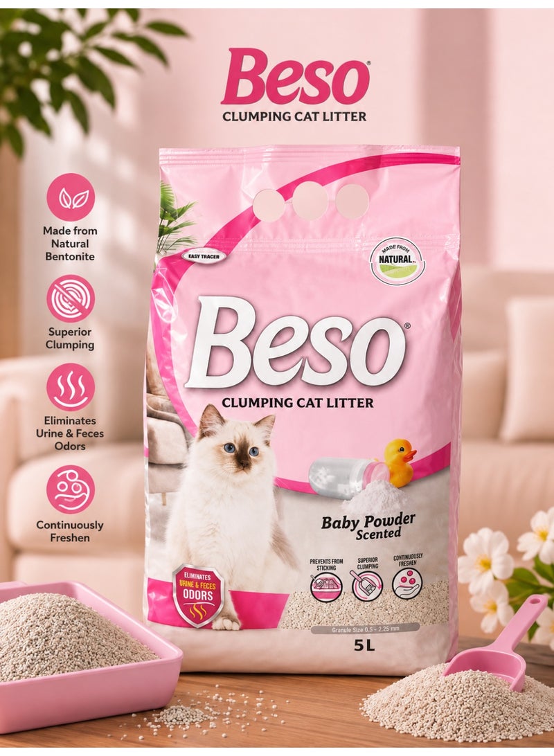 Premium Baby Powder Scented Clumping Cat Litter 5L Bag, Natural White Bentonite with 99.5% Low Dust Formula for Gentle Fragrance and Superior Clumping