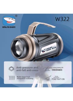 Generic Smiling Shark Strong Light Fishing Flashlight Outdoor Aluminum Alloy 4 Light Source Fishing Lamp Induction Blue Light Fishing Lamp Night Fishing Lamp-Color:W322-12H With 2A Plug, Cloth Bag  - Image 1