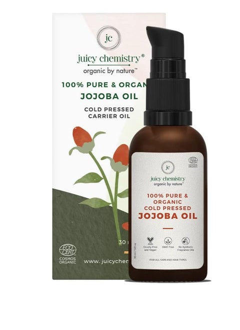Juicy Chemistry Organic Jojoba Oil, 30 ml Cold Pressed Oil for Hair and Skin, Anti Aging Serum for Healthy Skin
