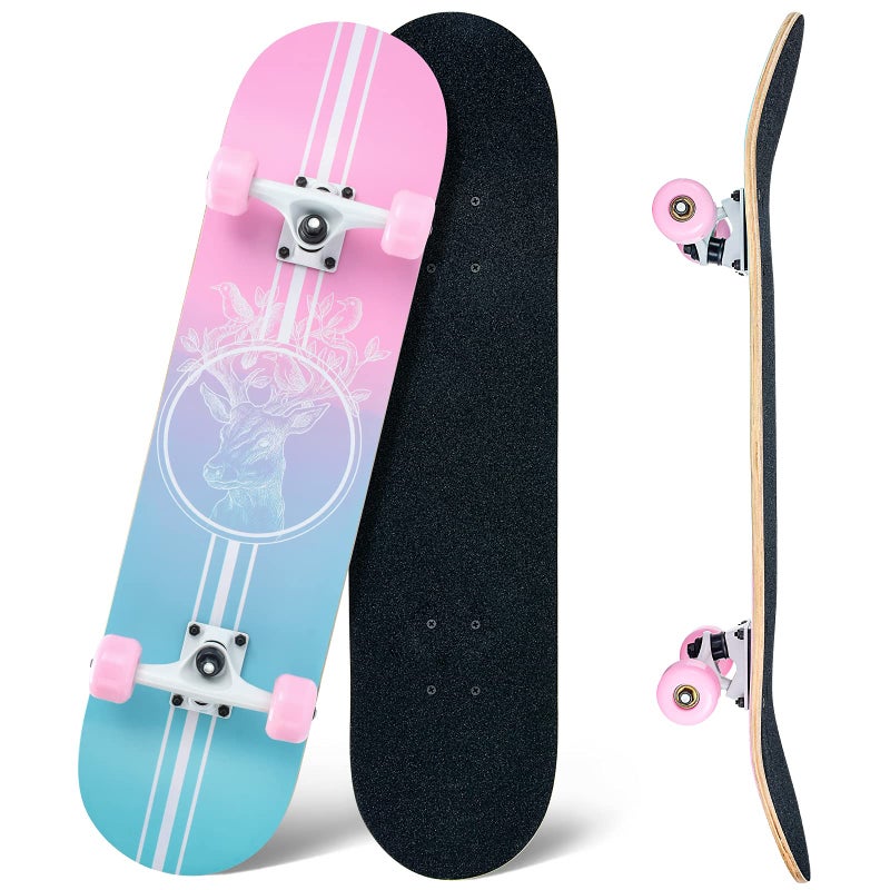 CLYCTIP Skateboard,31 x 8 Inch Complete Skateboard, 8-Layer Maple Wood Deck Double Kick Standard Skateboards for Kids, Teens, Adult, Beginner (Pink) - Image 1