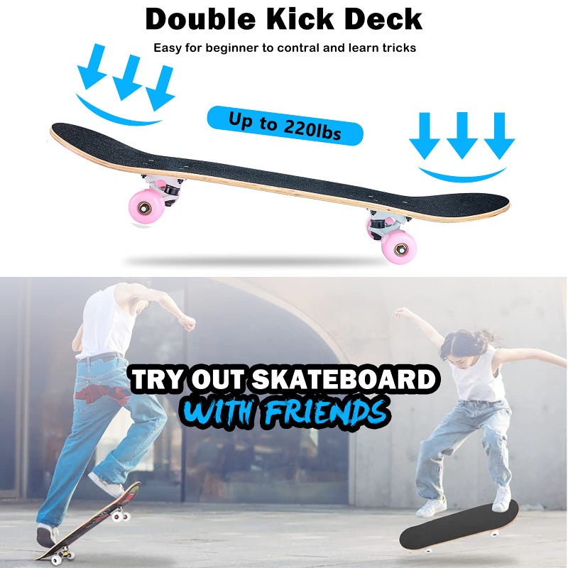 CLYCTIP Skateboard,31 x 8 Inch Complete Skateboard, 8-Layer Maple Wood Deck Double Kick Standard Skateboards for Kids, Teens, Adult, Beginner (Pink) - Image 3