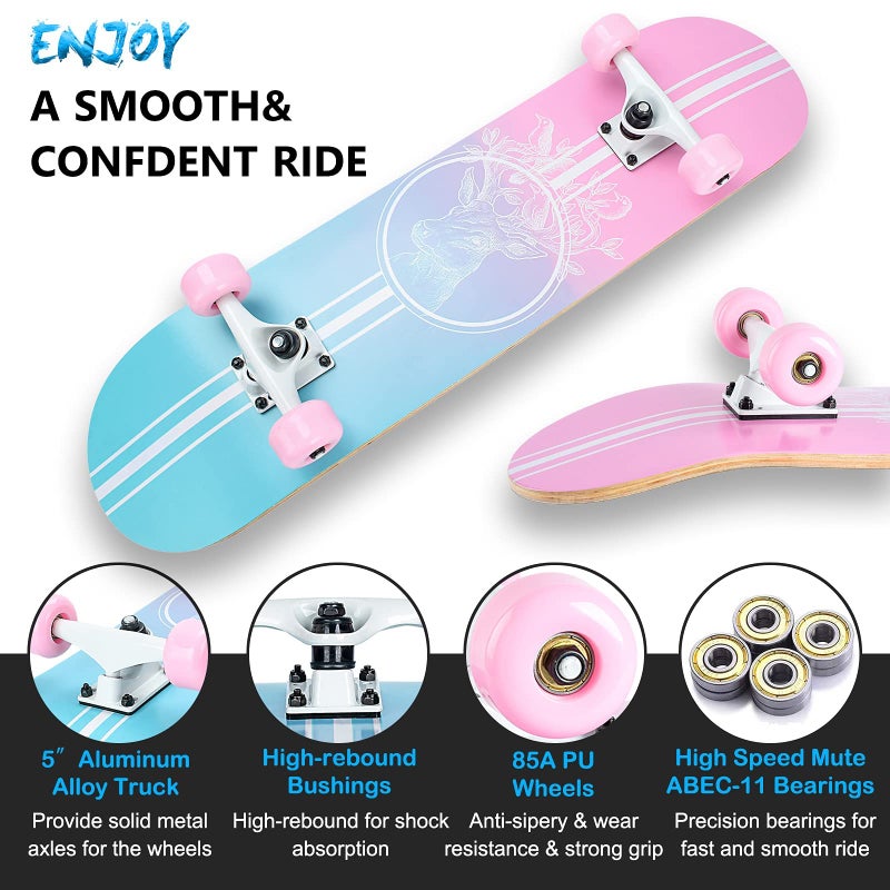 CLYCTIP Skateboard,31 x 8 Inch Complete Skateboard, 8-Layer Maple Wood Deck Double Kick Standard Skateboards for Kids, Teens, Adult, Beginner (Pink) - Image 2