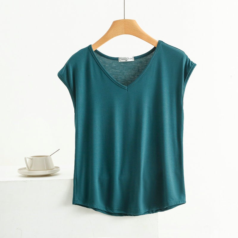 Summer Thin Modal Sleeveless T-Shirt Women's V Neck Small Sleeve Top Loose Large Size Vest Casual Pure Color Bottoming Shirt - Image 1