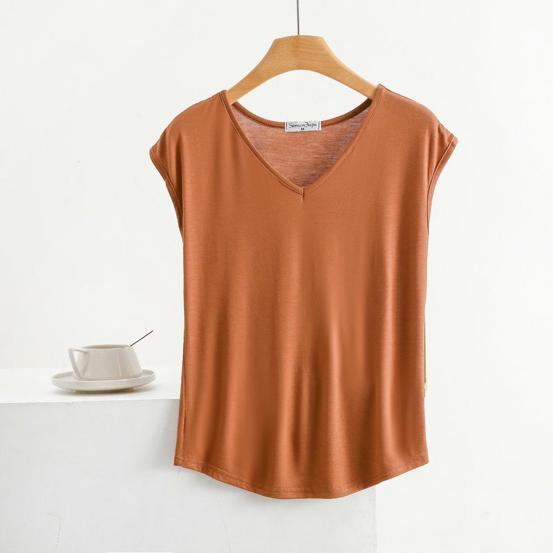 Summer Thin Modal Sleeveless T-Shirt Women's V Neck Small Sleeve Top Loose Large Size Vest Casual Pure Color Bottoming Shirt - Image 4