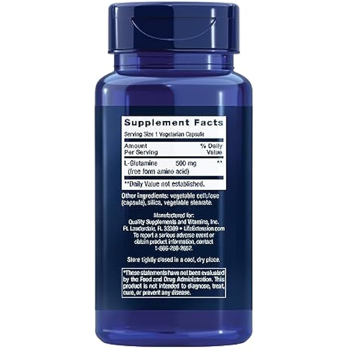 Life Extension لايف إكستينشن L-جلوتامين، 500 ملغ L-جلوتامين، حمض أميني، يدعم صحة العضلات وصحة المناعة، خالي من الغلوتين، غير معدل وراثيًا، 100 كبسولة نباتية - Image 2