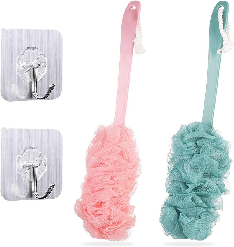 2 Pieces Long Handle Bath Brush Shower Body Brushes with Bath Net Sponge Soft Mesh Back Brush Scrubber Shower Loofah for Men and Women Exfoliating and Removing Dead Skin Blue and Pink