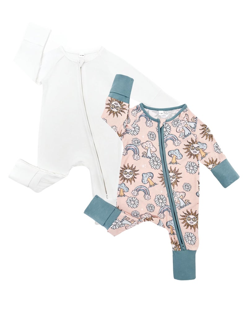 Bow Dream Baby Bamboo Rayon Romper Girl Footless Viscose Newborn Infant Footie Outfits Mitten Cuffs Toddler Boy Clothes White Sun Mushroom 18-24 Months - Image 1