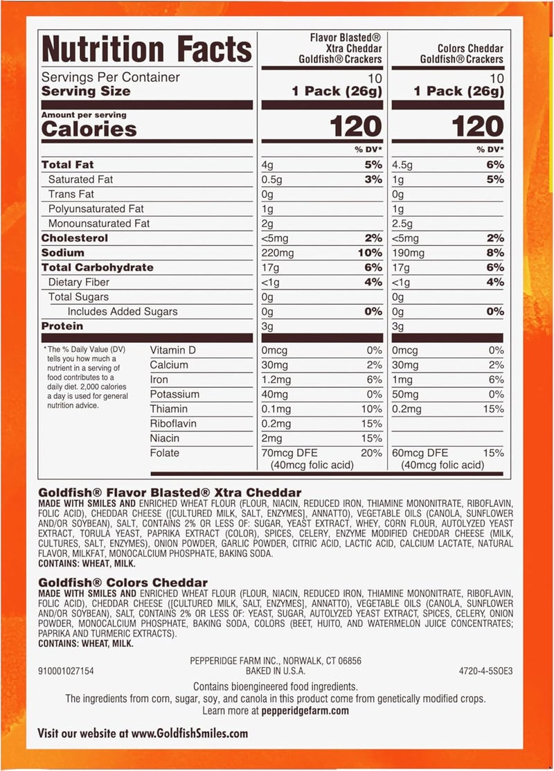 Goldfish Dynamic Duo Variety Pack, Colors Cheddar & Flavor Blasted Xtra Cheddar, Snack Packs, 20 Ct - Image 2