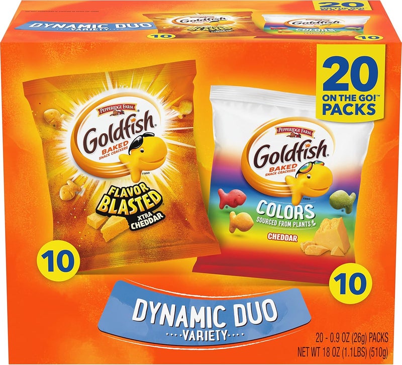 Goldfish Dynamic Duo Variety Pack, Colors Cheddar & Flavor Blasted Xtra Cheddar, Snack Packs, 20 Ct - Image 1