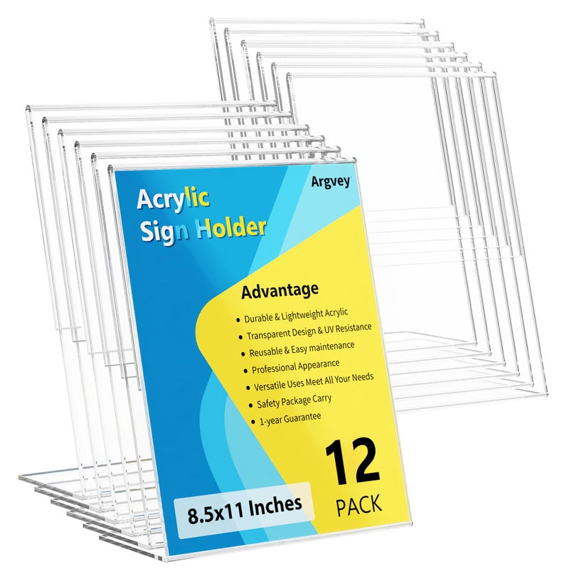 Argvey 4 Pack Acrylic Sign Holder 8.5x11, Clear Plastic Slanted Back Sign Holders, Desktop Papers Menus Frame Flyer Document Holder Display Stand for Coffee Shops, Hotels, Offices, Public Spaces - Image 1