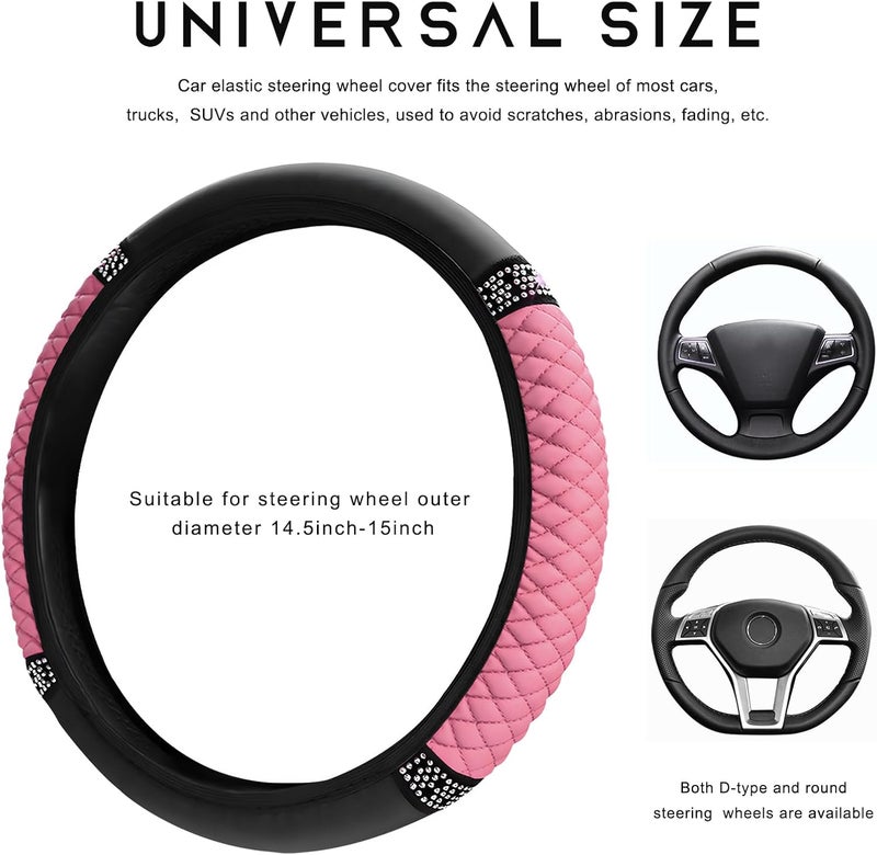 ZNDAW Bling Car Steering Wheel Cover, 15 Inch Sparkly Rhinestone Soft Leather Steering Wheel Protector, Non-Slip Universal Auto Elastic Steering Wheel Covers for Women Girls (Pink) - Image 2