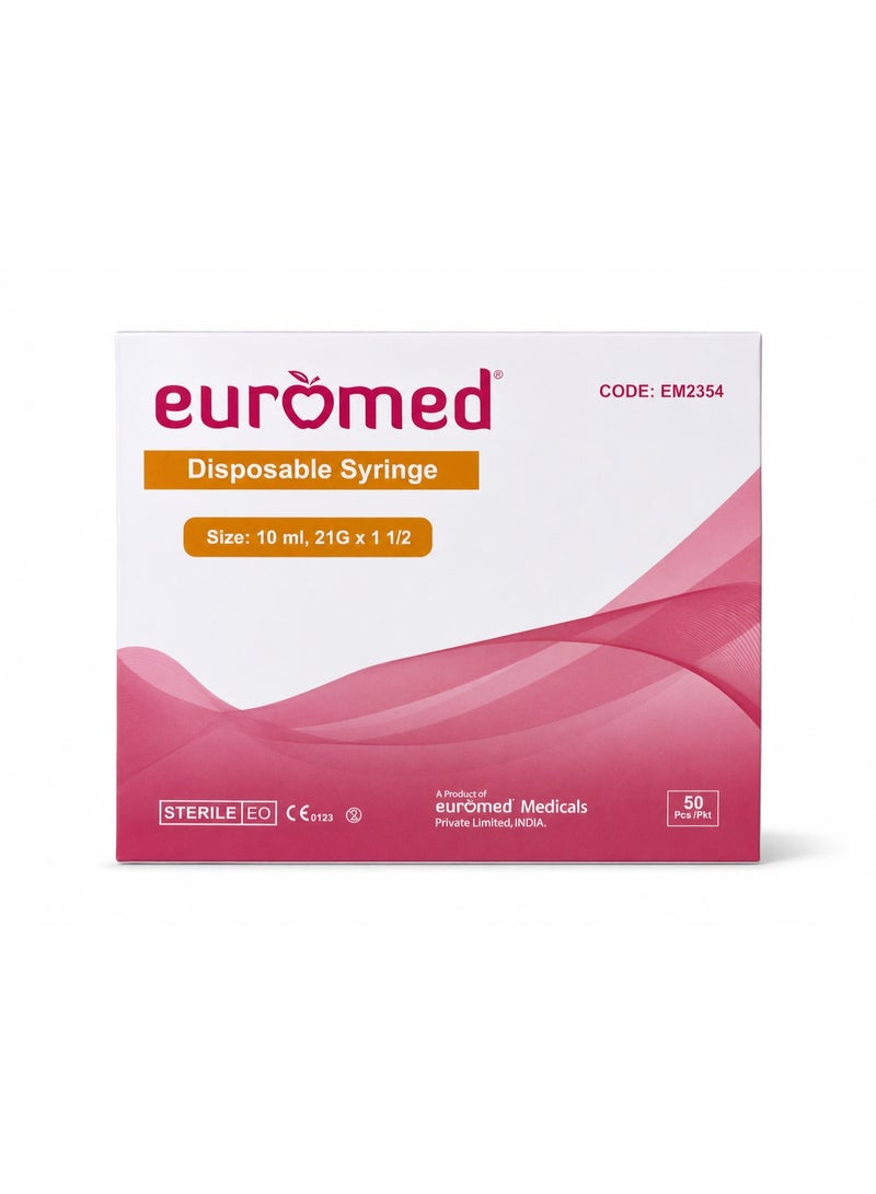 محقنة طبية معقمة للاستخدام مرة واحدة، سعة 10 مل، مقاس 20G × 1 1/2 بوصة، 50 قطعة | عبوة محقنة طبية معقمة