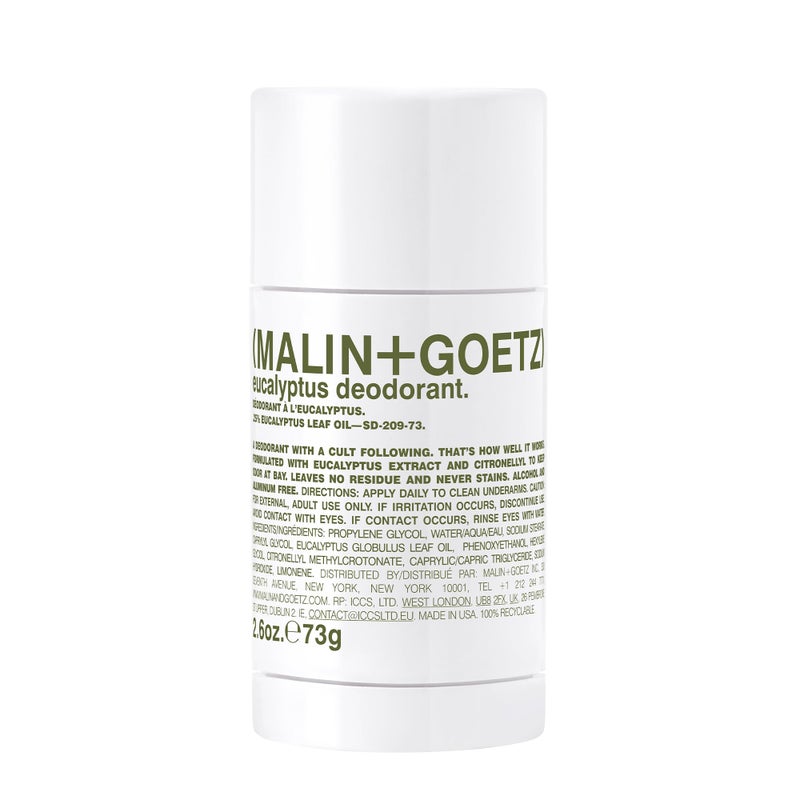 Malin  Goetz Eucalyptus Deodorant natural effective odor  sweat defense for all skin types clear color no residuestains free of aluminum alcohol baking soda parabens cruelty free 26 Fl Oz