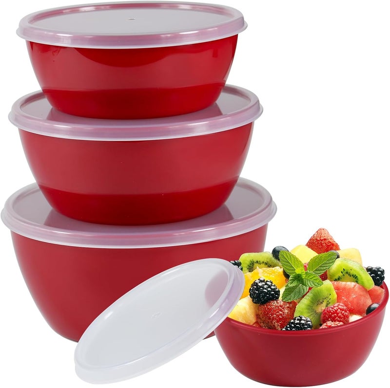 ATRDTO Classic Plastic Prep Bowls with Lids Set of 4 Microwave and Dishwasher Safe Red - Image 1