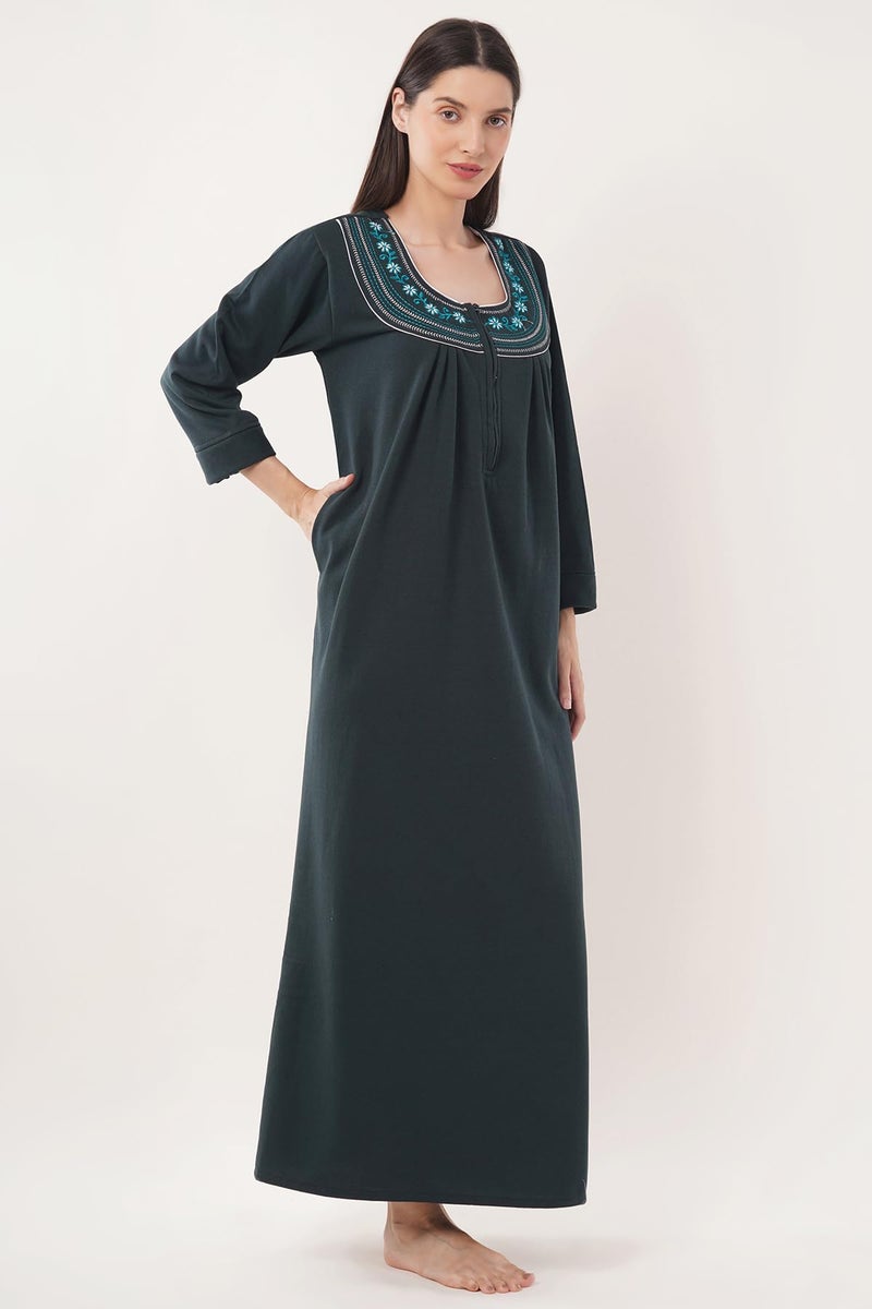 Noty Store Noty Women’s Winter Fleece Nighty (L, 2XL) | Soft Warm Fabric | Full Sleeve Nightwear with Embroidery | Cozy Long Night Dress for Women (Bottle Green, L) - Image 3
