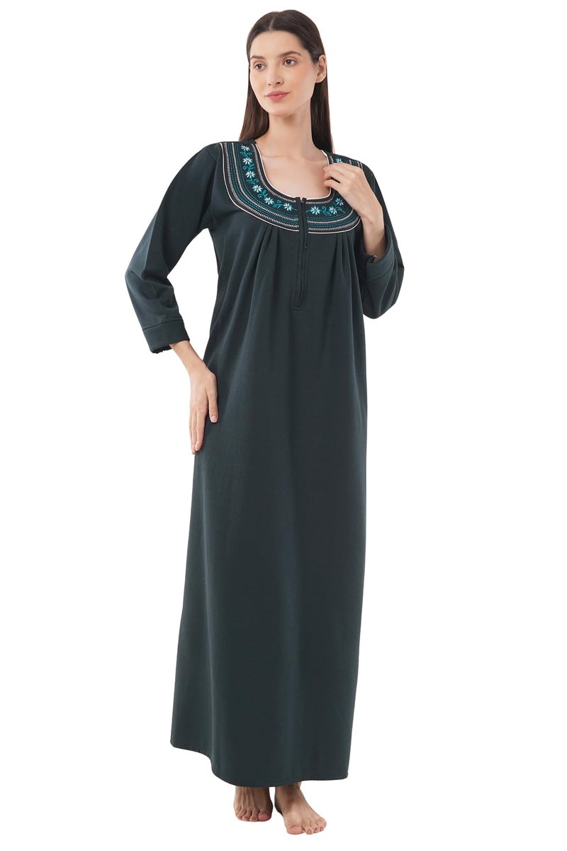 Noty Store Noty Women’s Winter Fleece Nighty (L, 2XL) | Soft Warm Fabric | Full Sleeve Nightwear with Embroidery | Cozy Long Night Dress for Women (Bottle Green, L) - Image 1