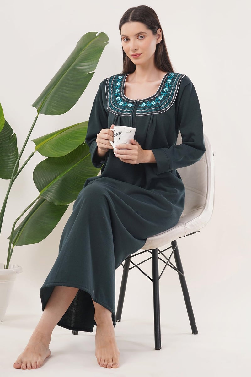 Noty Store Noty Women’s Winter Fleece Nighty (L, 2XL) | Soft Warm Fabric | Full Sleeve Nightwear with Embroidery | Cozy Long Night Dress for Women (Bottle Green, L) - Image 2