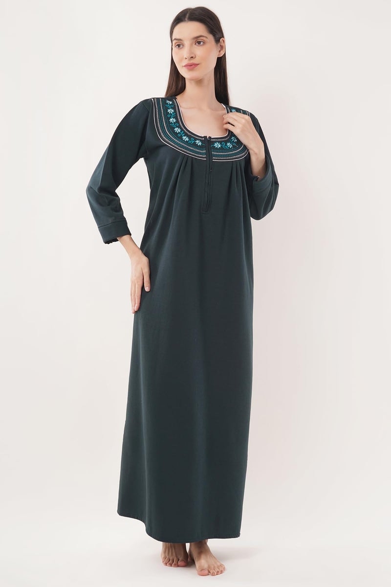 Noty Store Noty Women’s Winter Fleece Nighty (L, 2XL) | Soft Warm Fabric | Full Sleeve Nightwear with Embroidery | Cozy Long Night Dress for Women (Bottle Green, L) - Image 5