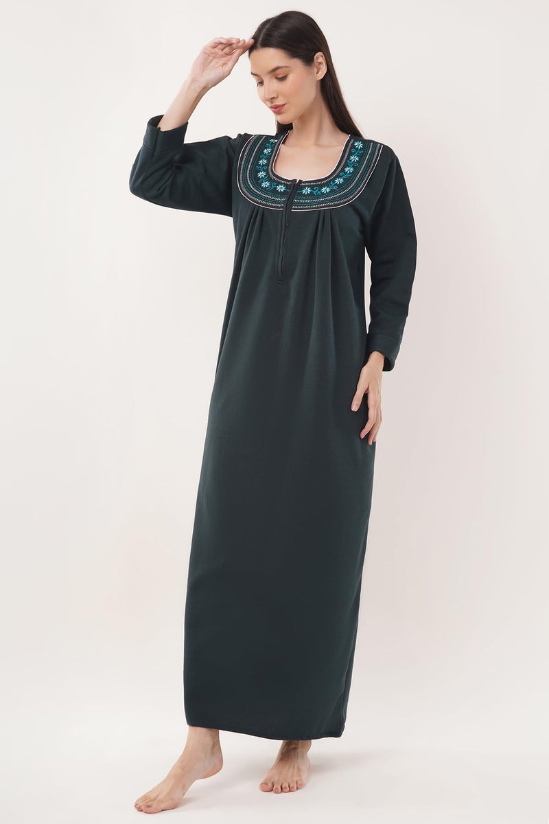 Noty Store Noty Women’s Winter Fleece Nighty (L, 2XL) | Soft Warm Fabric | Full Sleeve Nightwear with Embroidery | Cozy Long Night Dress for Women (Bottle Green, L) - Image 4