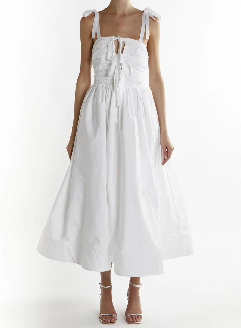 White Eleanor Bow Tie- Strap Midi-Dress