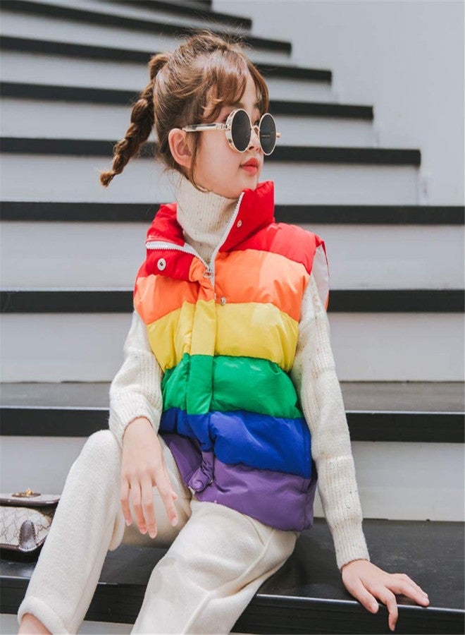 Mud Kingdom Toddler Puffer Vest Toddler Girls Rainbow Stripes Mock Neck Zipper Button Down Pockets Sleeveless Outerwear Light Green 4T - Image 2