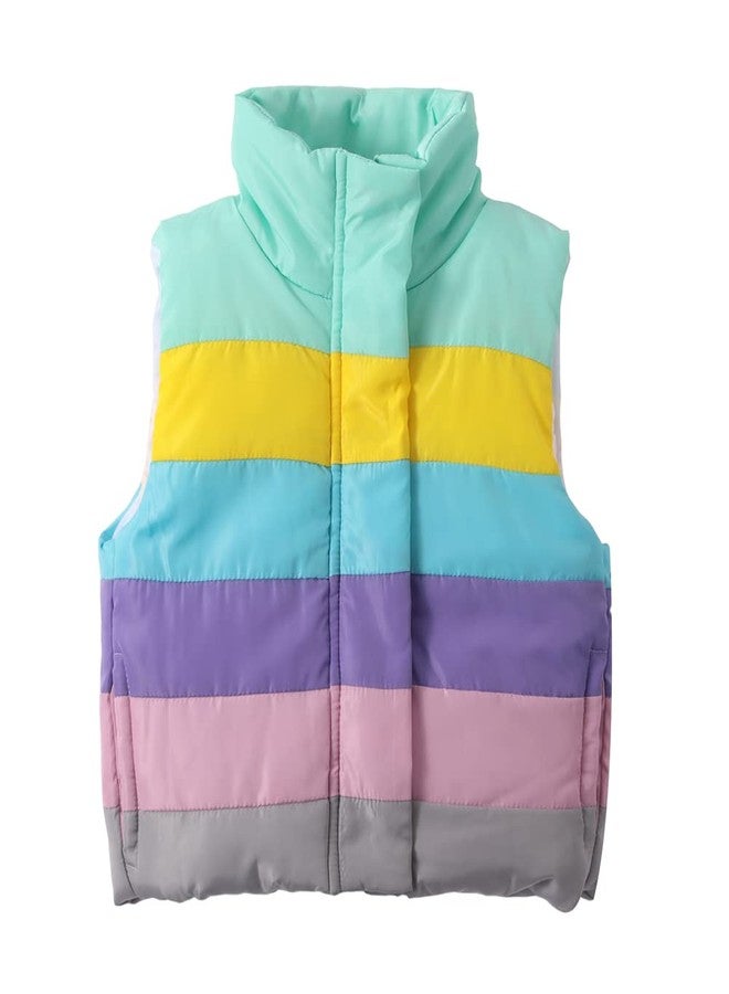 Mud Kingdom Toddler Puffer Vest Toddler Girls Rainbow Stripes Mock Neck Zipper Button Down Pockets Sleeveless Outerwear Light Green 4T - Image 1