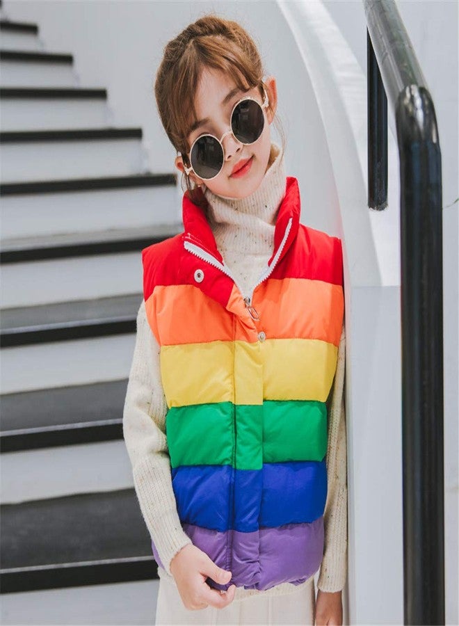 Mud Kingdom Toddler Puffer Vest Toddler Girls Rainbow Stripes Mock Neck Zipper Button Down Pockets Sleeveless Outerwear Light Green 4T - Image 3