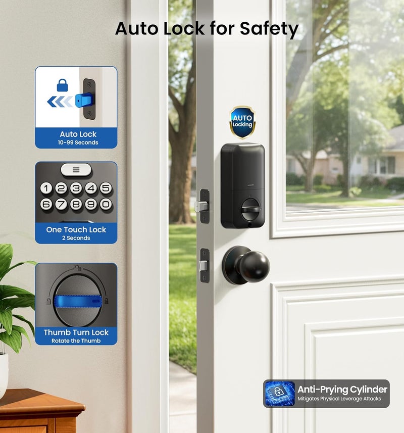 Veise Fingerprint Door Lock with 2 Knobs - Keyless Entry Door Lock with Handle, Electronic Keypad Deadbolt, Smart Front Handle Set, Auto-Locking, Waterproof, Easy Installation, Oil-Rubbed Bronze - Image 4