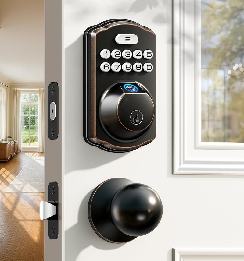 Veise Fingerprint Door Lock with 2 Knobs - Keyless Entry Door Lock with Handle, Electronic Keypad Deadbolt, Smart Front Handle Set, Auto-Locking, Waterproof, Easy Installation, Oil-Rubbed Bronze - Image 1