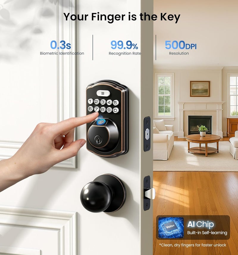 Veise Fingerprint Door Lock with 2 Knobs - Keyless Entry Door Lock with Handle, Electronic Keypad Deadbolt, Smart Front Handle Set, Auto-Locking, Waterproof, Easy Installation, Oil-Rubbed Bronze - Image 2