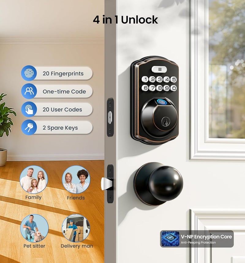 Veise Fingerprint Door Lock with 2 Knobs - Keyless Entry Door Lock with Handle, Electronic Keypad Deadbolt, Smart Front Handle Set, Auto-Locking, Waterproof, Easy Installation, Oil-Rubbed Bronze - Image 3