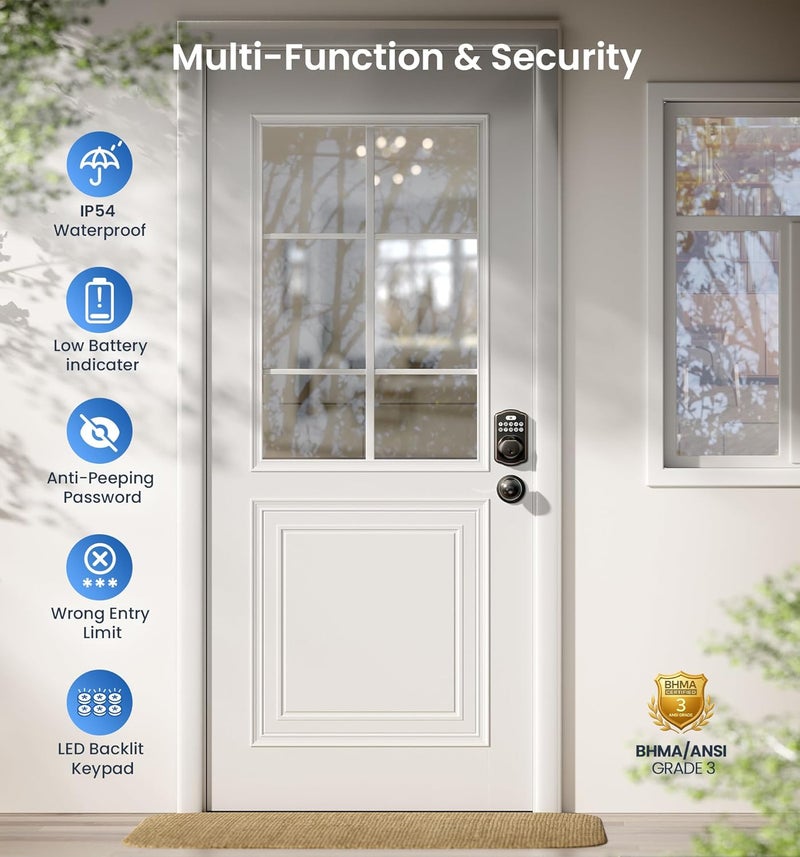 Veise Fingerprint Door Lock with 2 Knobs - Keyless Entry Door Lock with Handle, Electronic Keypad Deadbolt, Smart Front Handle Set, Auto-Locking, Waterproof, Easy Installation, Oil-Rubbed Bronze - Image 5