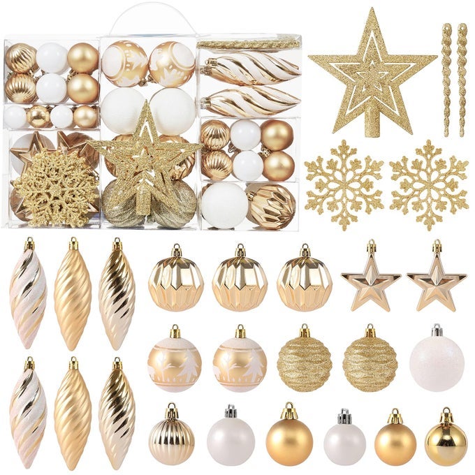 100CT CHRISTMAS BALL ORNAMENTS SET ASSORTED SHATTERPROOF HANGING TREE ORNAMENT SET WITH REUSABLE HANDHELD GIFT PACKAGE FOR XMAS TREE HOLIDAY PARTY AND HOME DECOR GOLD