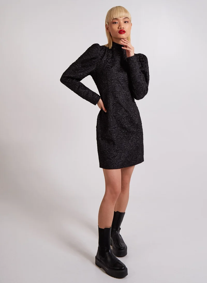 Pink Vanilla  Puff Sleeve High Neck Embossed Dress for Women | Best Price UAE