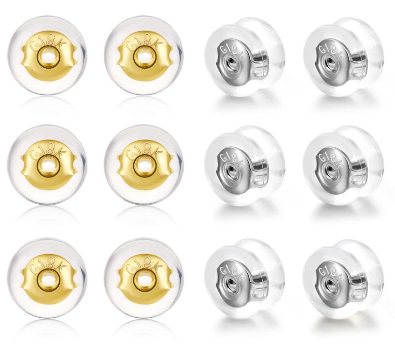 DELECOE Silicone Earring Backs for Studs and Hoops, Secure Locking for Heavy Earrings, Hypoallergenic Soft Clear (6Gold+6White Gold) - Image 1